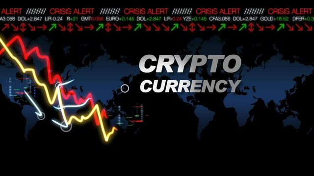 Crypto currency stock exchange cryptocurrency chart display screen numbers crash fall graph blueprint finance diagram animation alert coin money investor world bitcoin ethereum market 