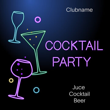 Flyer for night cocktail party. Neon sign, bright alcoholic signboard