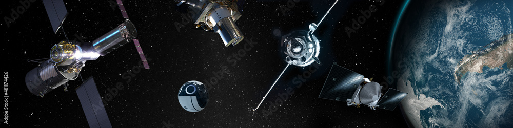Poster many spaceships of various shapes in space above the planet earth. elements of this image furnished 