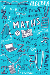 Algebra or mathematics subject doodle design. Maths symbols icon set. Education and study cover template. Back to school sketchy background for notebook, not pad, sketchbook. Hand drawn illustration. - 481174424