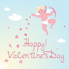 Cute baby Cupid isolated on blue sky background.