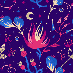 Vector floral seamless pattern. Mysterious night flowers. Repeat background with magic plants in pink and blue colors. Hand drawn style. Wallpaper, wrapping paper, textile