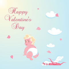 Cute baby Cupid isolated on blue sky background.