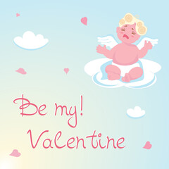 Cute baby Cupid isolated on blue sky background.