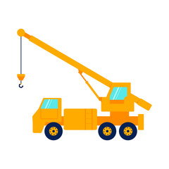 Construction orange crane truck side view isolated on white background