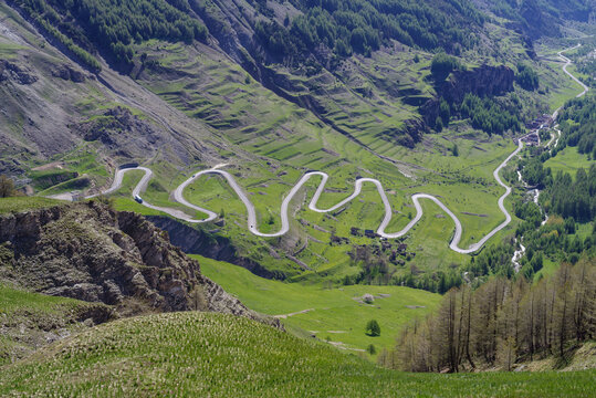 Winding mountainside road, Maddalena pass, Italy