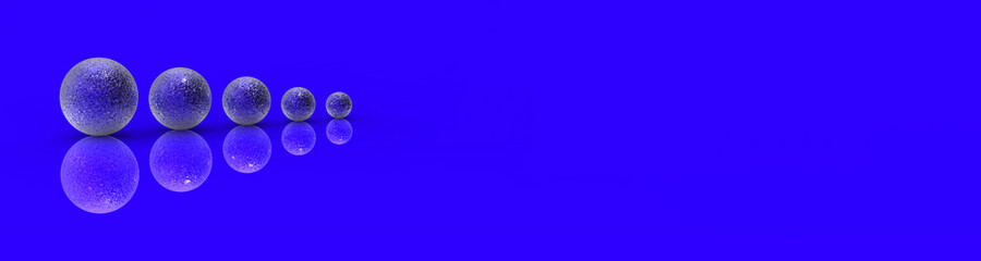 Five balls of metal of different sizes of blue color on blue background. Growth of something. Progress. Reflection. Banner for insertion into site. Horizontal image. 3D image. 3D rendering.