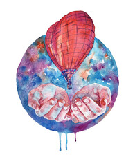 Watercolor hand-painted realistic heart shape air balloon in the arms illustration isolated on white background