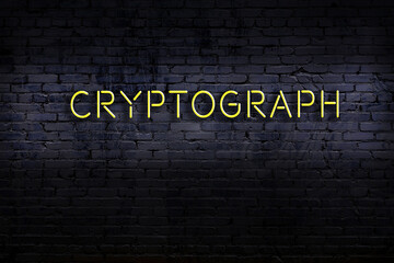 Neon sign. Word cryptograph against brick wall. Night view