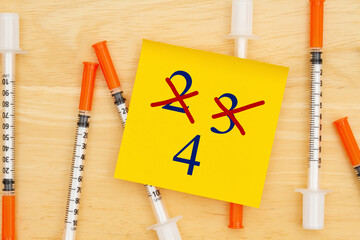 Multiple vaccine requirements message with disposable vaccine needle on desk with a sticky note