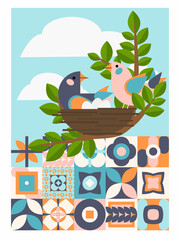 Geometric illustration with a pair of birds in a nest and neo geometry pattern. Vector composition for Easter, spring and summer