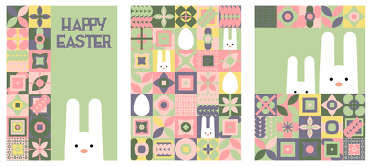 Geometric illustration for Easter holidays with simple white rabbits and eggs and neo geometry pattern. Modern geometric abstract style. Vector composition for Easter and spring