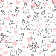 Seamless pattern with line art minimalistic rabbits with hearts. Love and Valentine's Day. Hand drawn cute animal for love confession and greeting cards