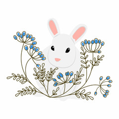 Minimalistic gray rabbit with a bush with blue flowers or berries drawn in the style of doodle. Color vector hand drawn line art. Illustration for posters and postcards