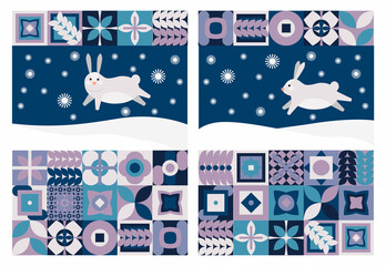 Set of geometric illustrations with white rabbit and neo geometry pattern running in the snow. Modern geometric abstract style. Vector composition for winter and christmas holidays