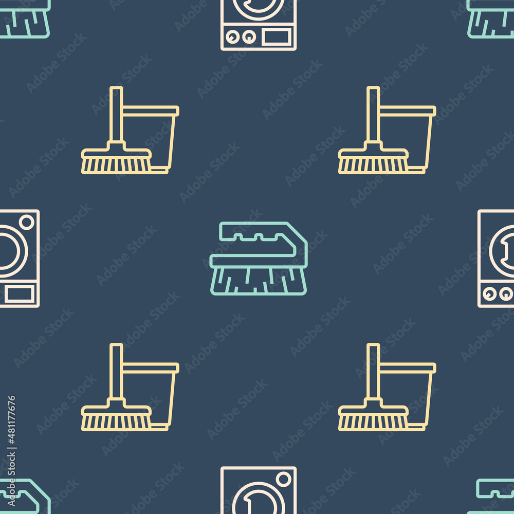 Poster set line washer, mop and bucket and brush for cleaning on seamless pattern. vector