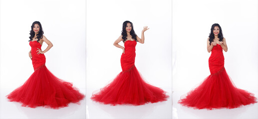 Full Length body portrait of 20s Asian Woman wear Red Evening Gown Long Ball Dress