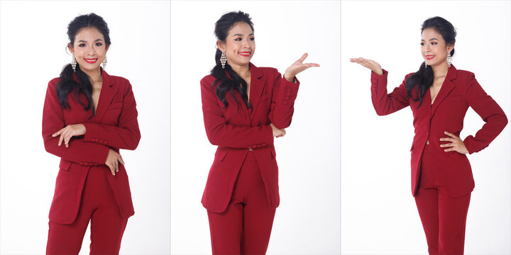 Half body portrait of 20s Asian Business Woman wear Red suit blazzer shoes. Tanned skin female