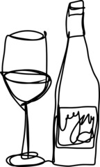 One line-art bottle and glass of wine