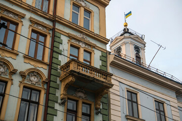 City Hall building in historical center of Chernivtsi, Ukraine. December 2022