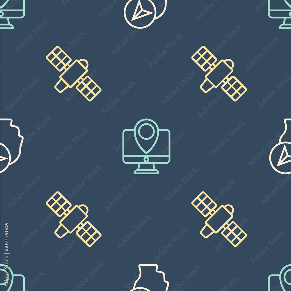 Poster set line location with person, satellite and monitor location marker on seamless pattern. vector