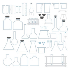 Set of different sizes, shapes and types of chemical test tubes vector icons set minimalist simple flat illustrations. Experiment chemical flasks for science isolated on white background.