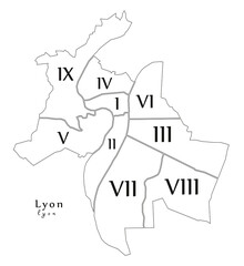 Lyon city with boroughs and titles outline map