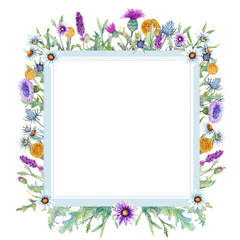 Romantic wreath. Think happy. Business card templates. Wildflowers in watercolor