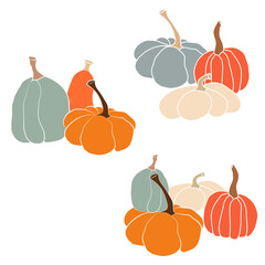 Pumpkin icon vector illustration set. Autumn Halloween or Thanksgiving pumpkin symbol in flat design, simple, outline silhouette isolated on white background