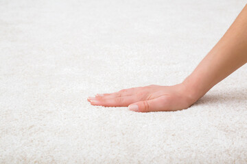 Young adult woman hand touching white new fluffy carpet surface. Closeup. Checking softness. Side...