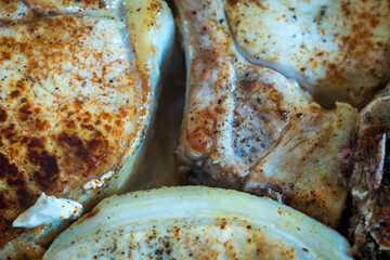 fried seasoned pork chops closeup