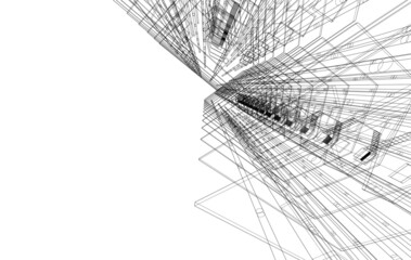 wireframe linear 3d drawing of building