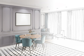 A sketch becomes a real modern-classic apartment with a horizontal poster on a set table with four green chairs. In the background are an armchair, coffee tables, a sofa near the window. 3d render