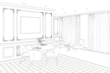 Sketch of the modern-classic apartment with a horizontal poster on a set table with four chairs. In the background are an armchair, coffee tables, a sofa near the window with curtains. 3d render