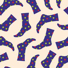 Socks, knee socks, stockings. Seamless pattern. Woman, female, girls feet, legs walking in bright colored print. Fashion socks, knee socks with color ornament. Color Isolated flat vector illustration