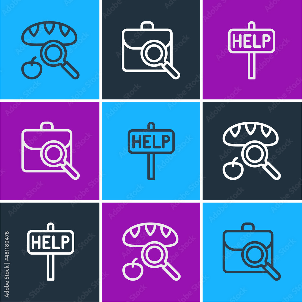 Poster set line searching for food, ask help text and work search icon. vector