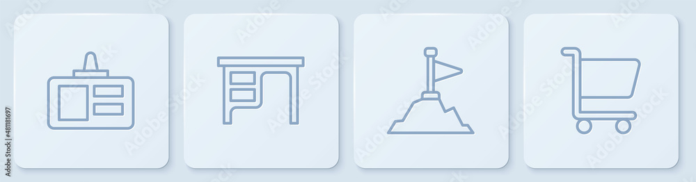 Poster set line identification badge, mountains with flag top, office desk and shopping cart. white square 