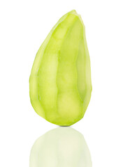 Half of an avocado peeled on a white background.