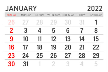 January 2022 Calendar. January 2022 Calendar vector illustration. Wall Desk Calendar Vector Template, Simple Minimal Design. Wall Calendar Template For January 2022.