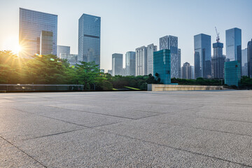 Empty square floor and city skyline with modern commercial office buildings in Shenzhen, China. - obrazy, fototapety, plakaty