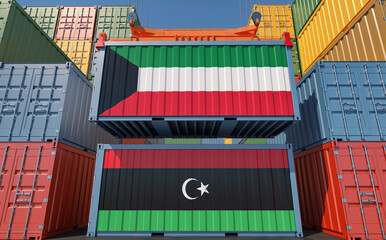 Freight containers with Kuwait and Libya national flags. 3D Rendering 