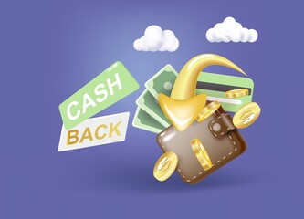 vector cash back icon with coins and wallet isolated on blue background.