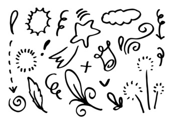 Hand drawn set elements, black on white background. Arrow, heart, love, star, leaf, sun, light, flower, crown ,Swishes, swoops, emphasis ,swirl, heart, for concept design.