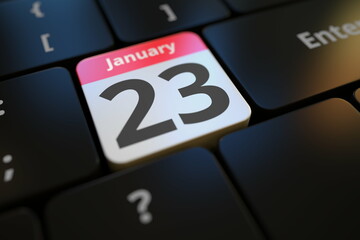 January 23 date on a keyboard key, 3d rendering