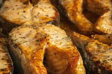 cooked salmon filets on baking tray closeup