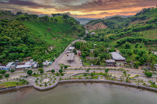 Aerial view of Amahami beach at sunrise, Bima, Sumbawa Island, West Nusa Tenggara, Indonesia