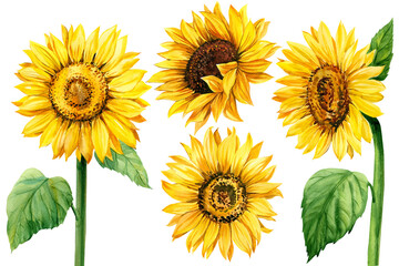 Obraz premium set sunflowers, isolated white background, watercolor illustration, botanical painting, summer flowers