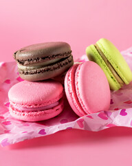 Macarons Cakes of Different Colors on Pink Background Culinary and Cooking Concept Modern Dessert Tasty Colourful Macaroons