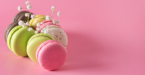 Macarons Cakes of Different Colors on Pink Background Culinary and Cooking Concept Modern Dessert Tasty Colourful Macaroons