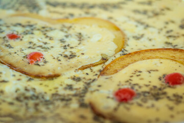 Valentine heart shape pumpkin slices omelette frying on pan